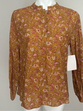 Parterre Bryce Marigold Daphne Button Down Floral Linen‎ Blend Top Blouse